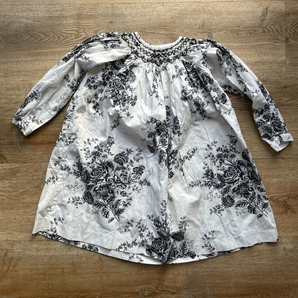 Rare Editions Black White Floral Smocked Long Sleeve Dress Vintage Cottagecore